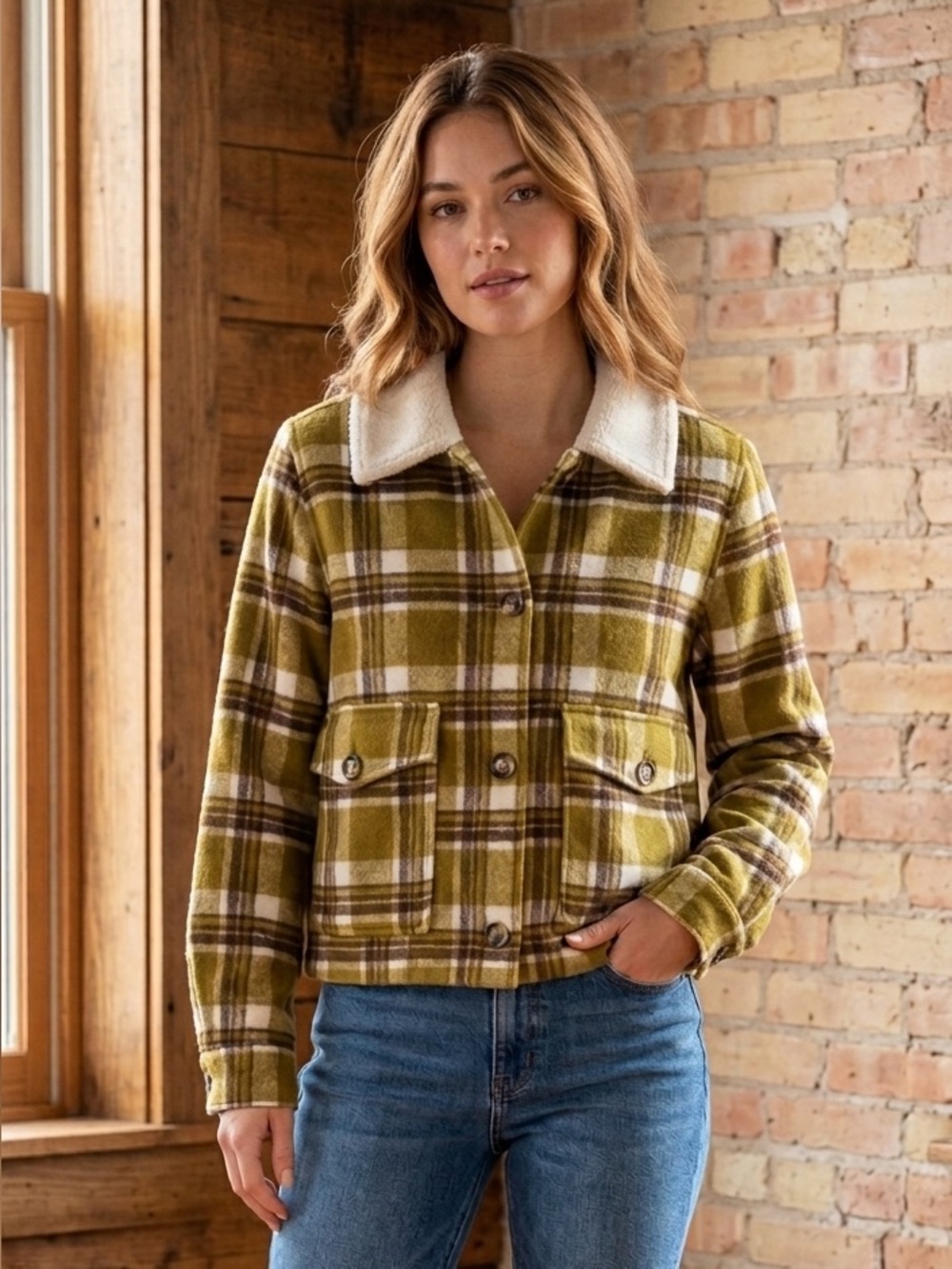 Active USA Olive Green Plaid Sherpa Collar Jacket - Size Small
